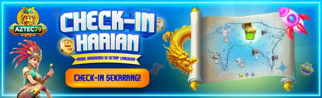 Banner check-in harian dengan peta hadiah tujuh tahap di aztec79indo.com